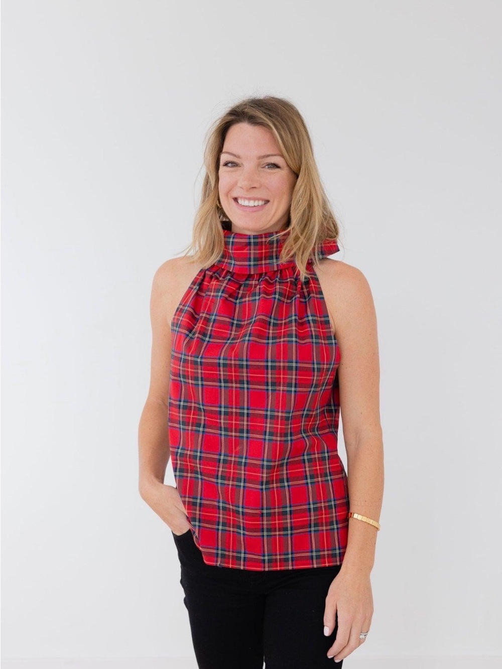 Sail to Sable Red Tartan Plaid Cowl Neck Top Gold Button Back NWT Size L